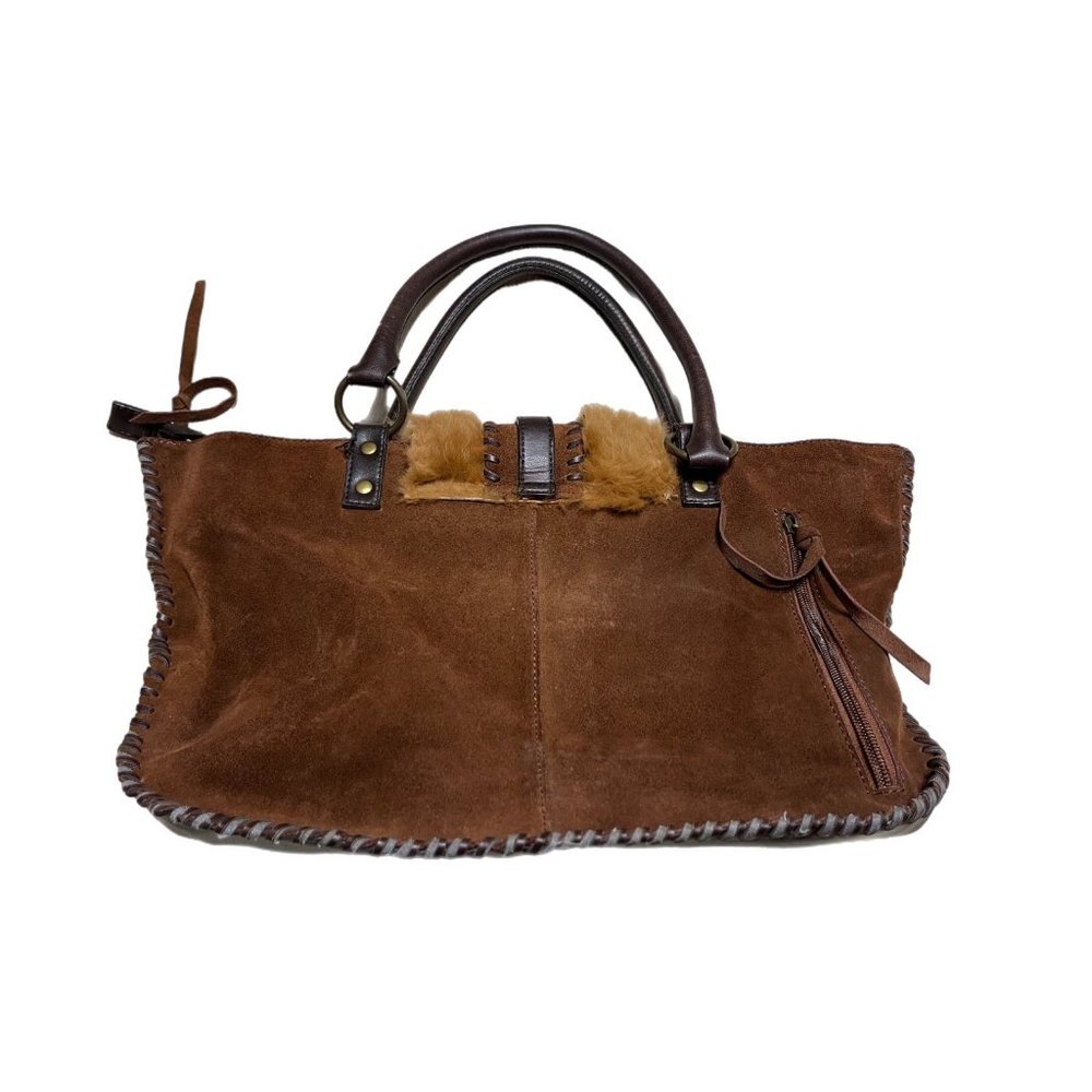 Nicole Lee Suede Purse Metal And Fur Accents Zipper Magnetic Closure Large Bag - Picture 2 of 10